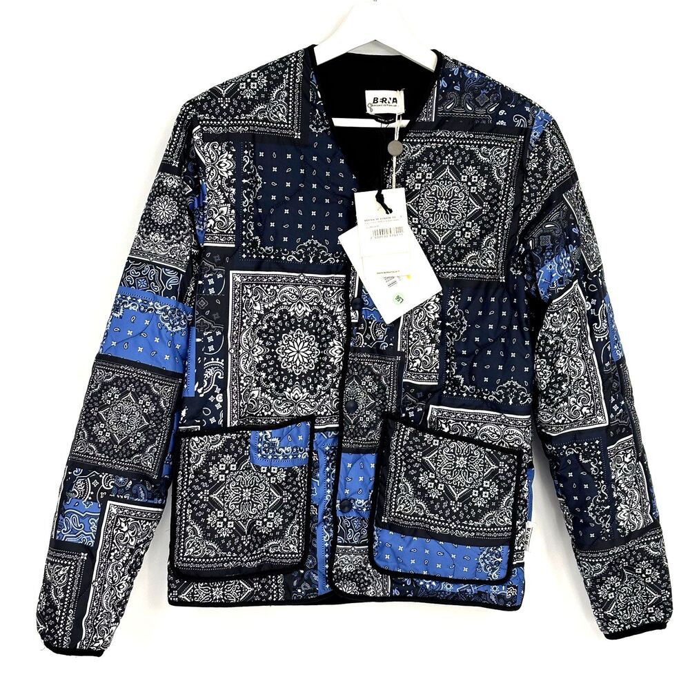 Berna Italia Iris Liner Jacket Italy Blue Bandana Print Quilted Size Small NWT